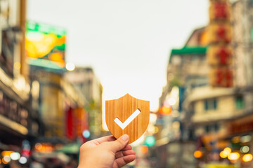 Shield protect icon, China town at Thailand. Security protection. The concept of travel insurance,...