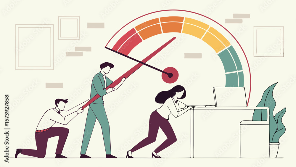 Poster vector three colleagues collaborate to move needle on productivity in modern office setting