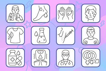 Hyperhidrosis set icon. Excess sweat, face, armpits, hands, shirt, feet, medical check, treatment, injection, test, gender factor.