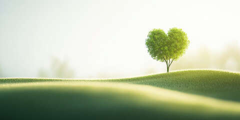 Green heart-shaped tree symbolizes love on a peaceful grassy hill. Bright nature scene promotes environmental care and romance.