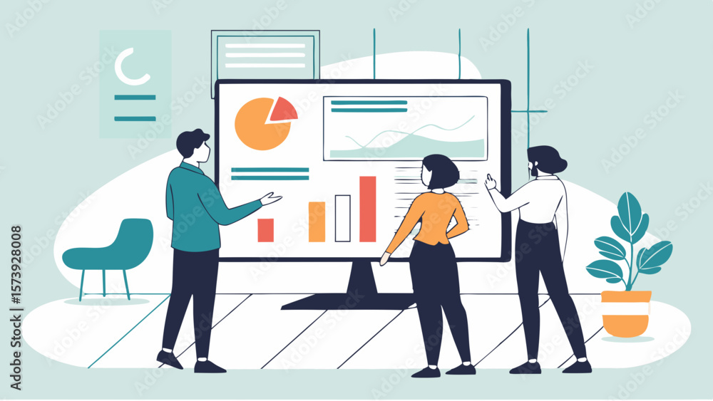 Poster vector business professionals analyze data on large screen, discussing insights and strategies