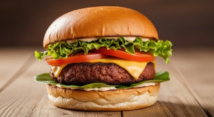 The burger has thick fish and vegetables and tomatoes in the middle