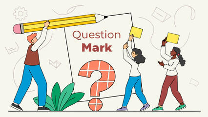 Vector Team of diverse businesspeople holding pencil, sticky notes, and question mark, representing inquiry, problem solving, decision making, collaboration, planning