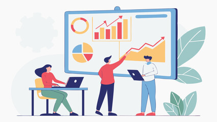 Vector Team collaborating on data analysis with charts and graphs displayed on large screen