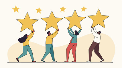 Vector Team of people joyfully lifts five gold stars together, symbolizing achievement