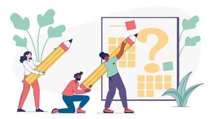 Vector Team brainstorming session, pencil - question mark symbolizing problem solving, creative thinking, collaboration, planning, innovation, and strategy