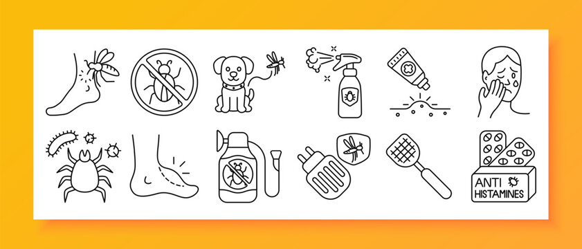 Insect allergy set icon. Outlined icons showing bug bites, irritated skin, pet protection, anti-itch cream, repellents, fly swatter, pills, mites, plug-in devices, and antihistamine label