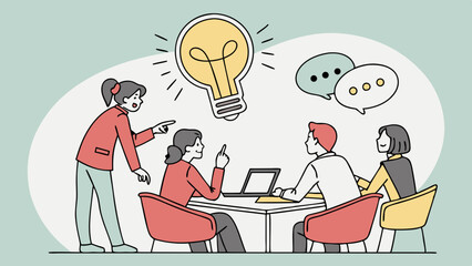 Vector Businesspeople brainstorming ideas around table with light bulb symbolizing creativity