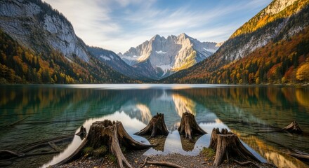on the edge of the lake there is a fragile tree trunk with a mountain background