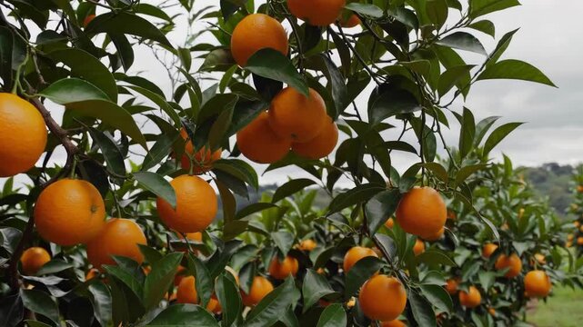 Ripe oranges growing on trees in orchard agriculture farm fresh harvest citrus fruit garden vitamin c treescape