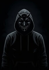 Dark Hoodie Figure with Devil Mask - A mysterious figure in a dark hoodie and devil mask, shrouded in shadow. Intriguing and slightly menacing