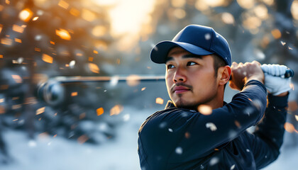 Focused Golfer Swinging Club in Snowy Landscape with Golden Sunlight