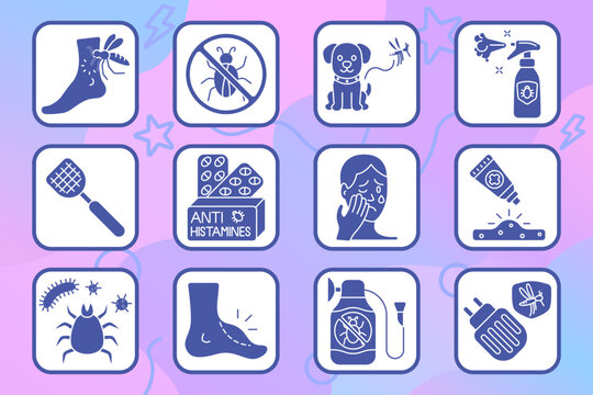 Insect control set icon. Bug bite, pest protection, pet safety, repellent spray, antihistamine, itching face, rash cream, tick, foot swelling, pesticide, electric trap.