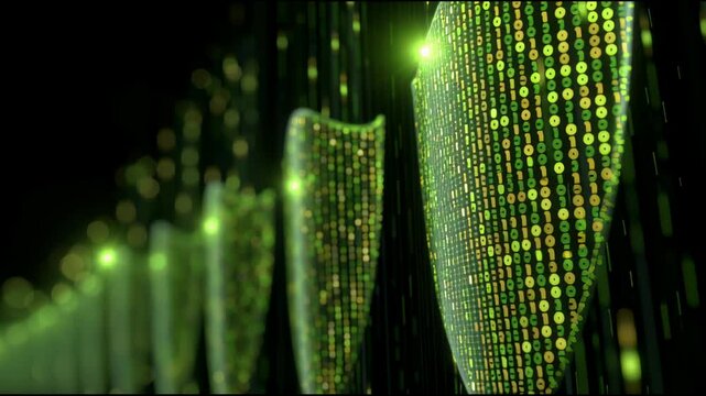 Binary Code Streams Flowing in Green Colors Over Digital Background