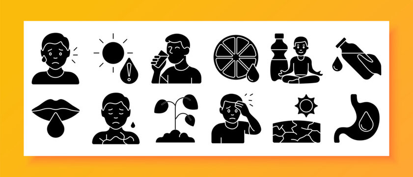 Water balance and dehydration set icon. Shows sun, drinking, warning drop, citrus, yoga, dry lips, pain face, wilting plant, dry ground, stomach fluid, head discomfort