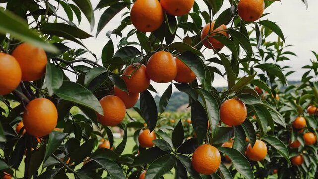Ripe oranges growing on trees in orchard agriculture farm fresh harvest citrus fruit garden vitamin c treescape