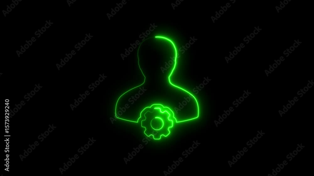 Poster illuminated green silhouette of a user profile with settings cog icon on black background