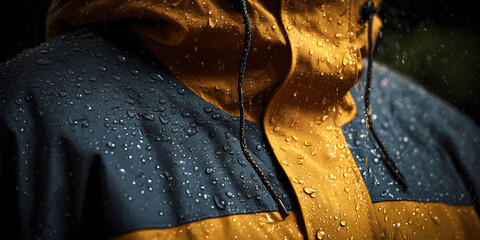 waterproof water resistant raincoat close up, concept of rainwear equipment water repellent clothing fashion textile
