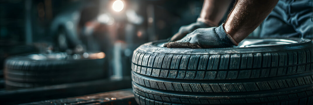 tire changing tyre repair car service shop background banner with copy space, close-up of auto mechanic hand on tire in automobile fixing garage