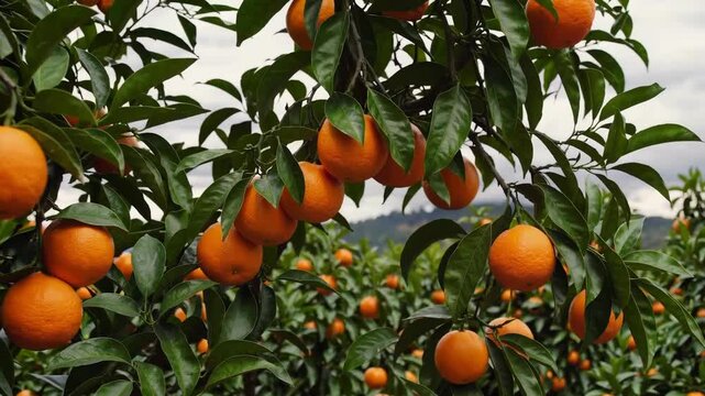 Ripe oranges growing on trees in orchard agriculture farm fresh harvest citrus fruit garden vitamin c treescape