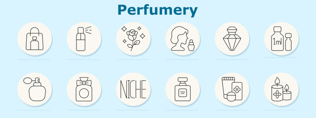 Perfumery set icon. Shows shopping bag, spray bottle, rose scent, profile with perfume, gem bottle, milliliter jars, atomizer, bow bottle, niche label, square bottle, product box, scented candles