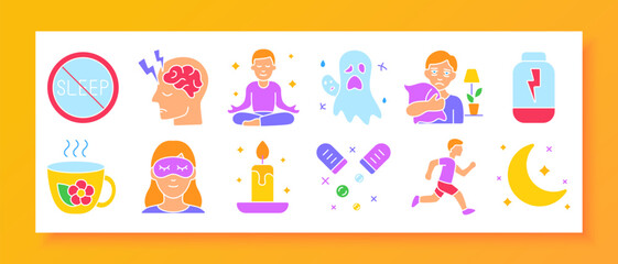Sleep problems set icon. Insomnia, nightmares, anxiety, tea, candles, eye masks, disturbed brain, restless night, calm poses, sleeping pills, tired running, moon symbols, and beds.