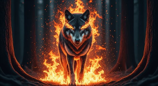 Fiery Wolf in Dark Forest - A majestic wolf engulfed in flames stands in a dark forest, its eyes glowing intensely. A powerful and mystical - Powered by Adobe