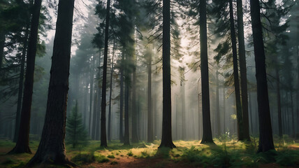 Serene forest background with tall pine trees, soft sunlight rays shining through the branches, and misty atmosphere. Moody yet peaceful. No people, no animals. Perfect for meditation apps, eco-travel