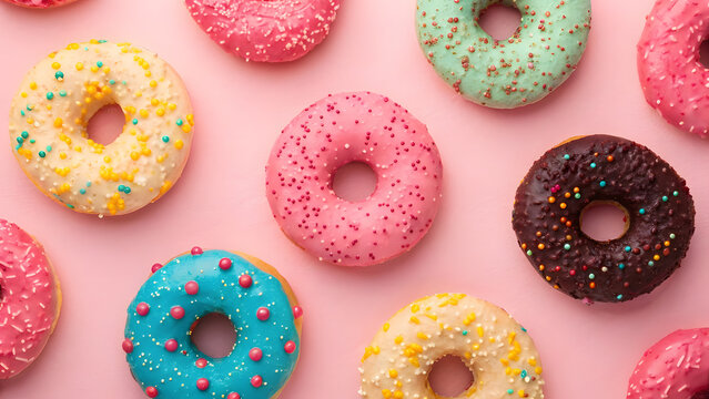 Flatlay of Colorful Donuts in Pattern on Pink Background. Perfect for: National Donut Day, birthday parties, bakery campaigns