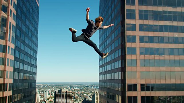 Urban leap person mid-air between skyscrapers against cityscape