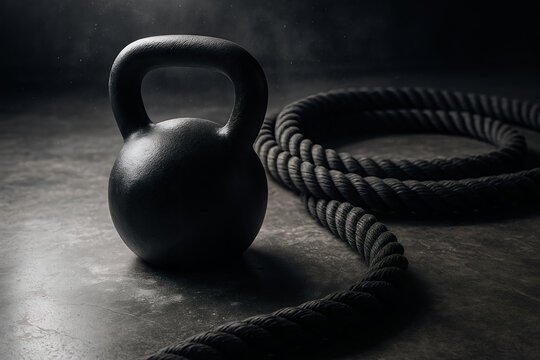 Black Kettlebell and Battle Rope on a Dark, Gritty Gym Floor
