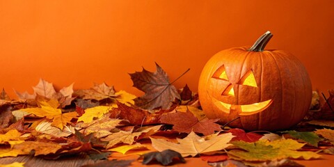 A cheerful carved pumpkin with an inviting smile, surrounded by a mix of colorful autumn leaves, creating a warm and festive vibe for Halloween celebrations.