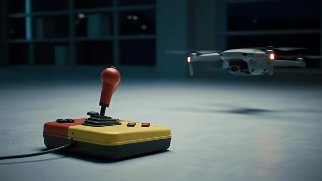 Drone hovers over old-school joystick on a floor, window in background