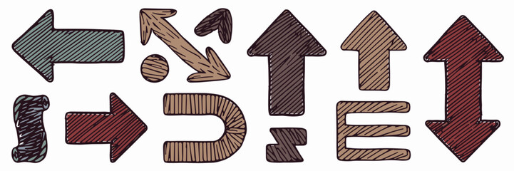 Fototapeta premium Vector icons of messy hand-drawn arrows in different directions – Suitable for sketchbooks, blogs, or illustrative resources