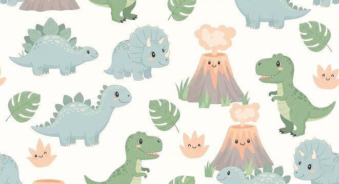 Seamless baby dinosaur pattern with stegosaurus, triceratops, and T-Rex in pastel colors with leaves and volcanoes – playful children design.