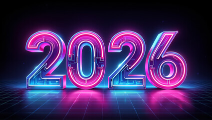A vibrant, futuristic digital image dedicated to the New Year 2026, with neon lights, glowing numbers and a dynamic background, symbolizing a bright future. AI generated.

