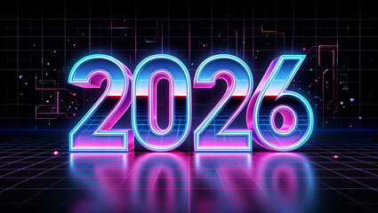 A vibrant, futuristic digital image dedicated to the New Year 2026, with neon lights, glowing numbers and a dynamic background, symbolizing a bright future. AI generated.
