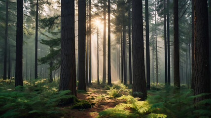 Obraz premium Serene forest background with tall pine trees, soft sunlight rays shining through the branches, and misty atmosphere. Moody yet peaceful. No people, no animals. Perfect for meditation apps, eco-travel