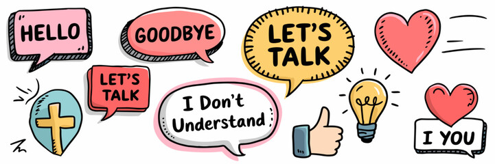 Cartoon speech bubbles with text and icon symbols in vector set