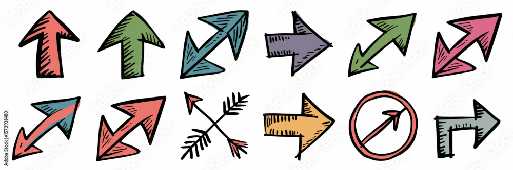 Poster whimsical hand-drawn arrow icons including circle with line – great for dynamic ui elements, creativ