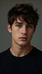 Fototapeta premium Charming young man with stylish hair, serious mood, close-up portrait on neutral background