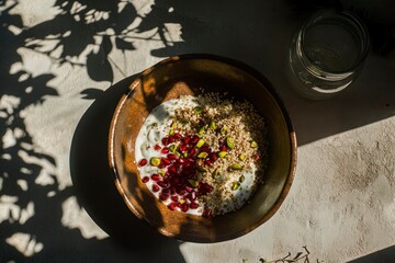 fluffy quinoa in bowl with ruby-red pomegranate seeds, crushed pistachios, and creamy natural yogurt on beige background with shadow.