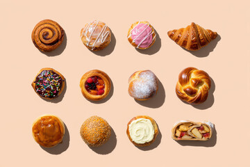 Overhead shot of an assortment of twelve pastries on a light beige background in a studio setting