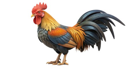 Majestic rooster with vibrant plumage standing proudly on white background