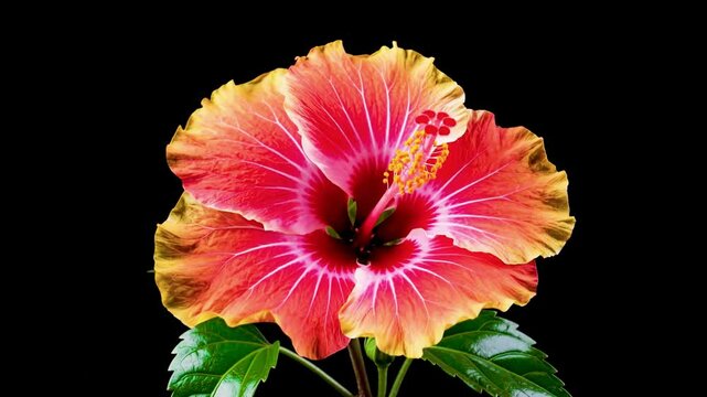 Timelapse of Beautiful hibiscus blossom close up on black background