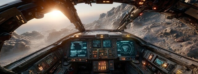 pilot cockpit view during planetary landing, with rocky surface of  alien planet. Technology supports interstellar travel and descentphase operations. banner 
