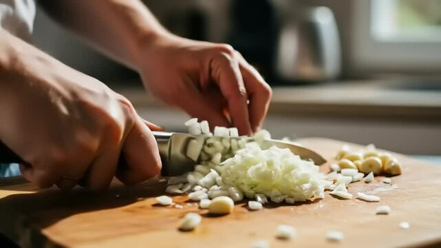 Close-up of hands chopping onions on a wooden cutting board in a bright kitchen setting