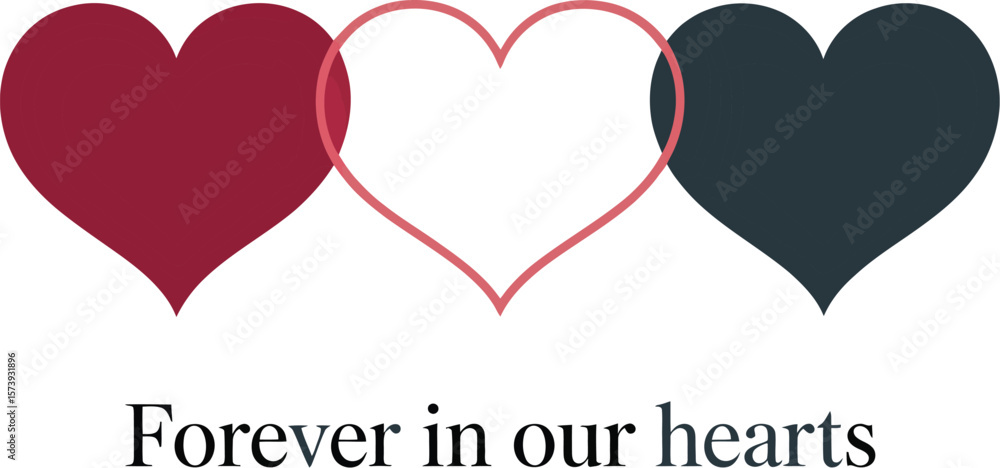 Poster three hearts overlapping with floral design and text forever in our hearts on a light background