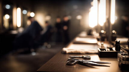 Barber shop scene highlighting hairstyling tools in warm ambient light.