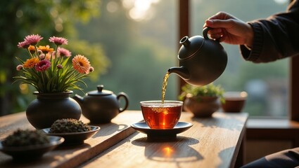 A close-up, eye-level shot focuses on a hand pouring amber-colored tea from a dark, traditional teapot into a delicate glass teacup and saucer on a rustic wooden table. 